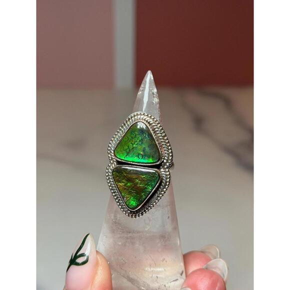 Ammolite Double Stone Sterling Silver Ring: 925 Silver • Size 6 - Picture 2 of 9